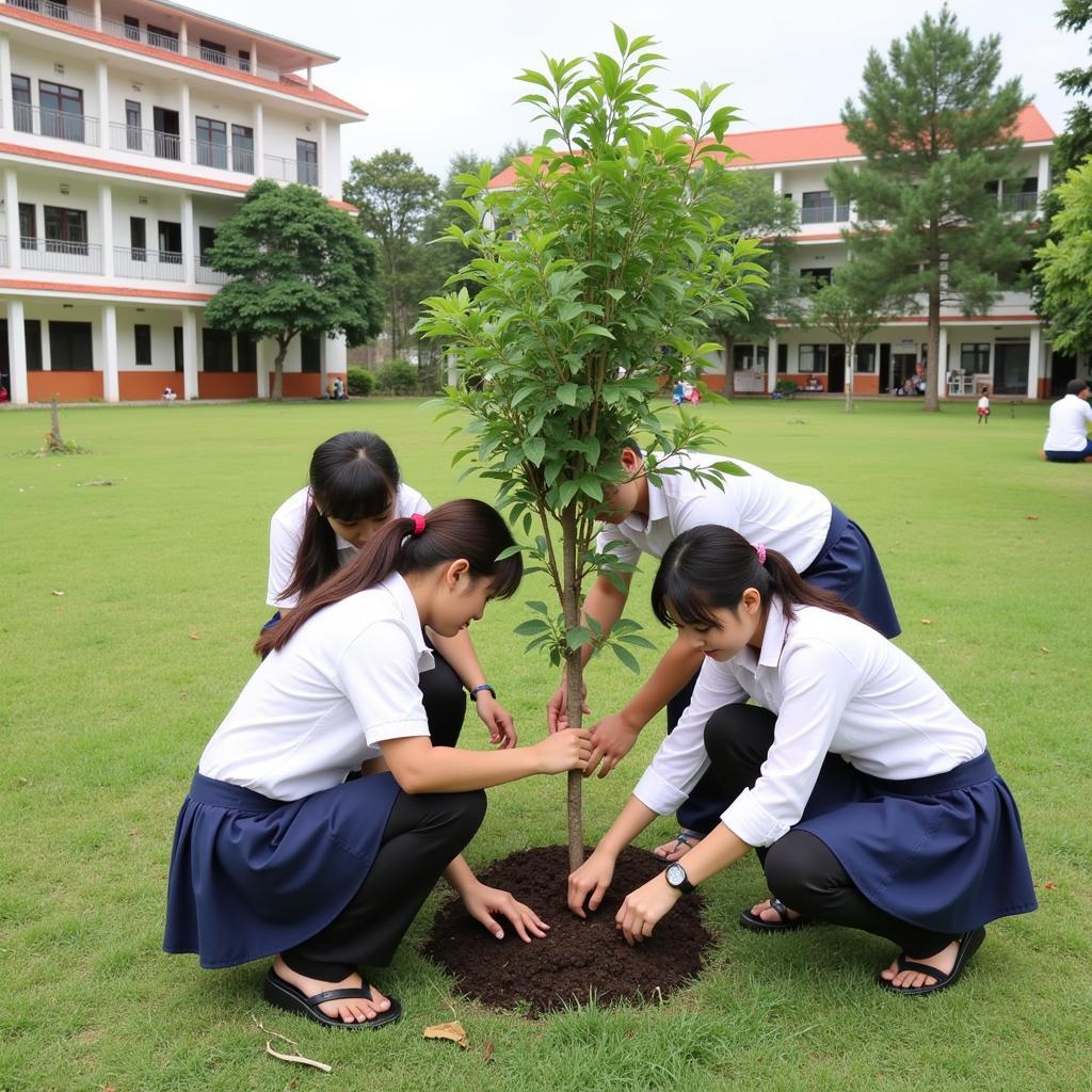 Học sinh THPT Gia Định tham gia hoạt động trồng cây xanh trong khuôn viên trường.