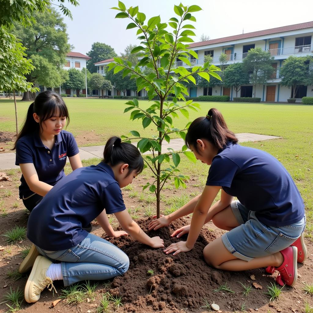 Học sinh THPT Gia Định tham gia hoạt động trồng cây xanh trong khuôn viên trường.