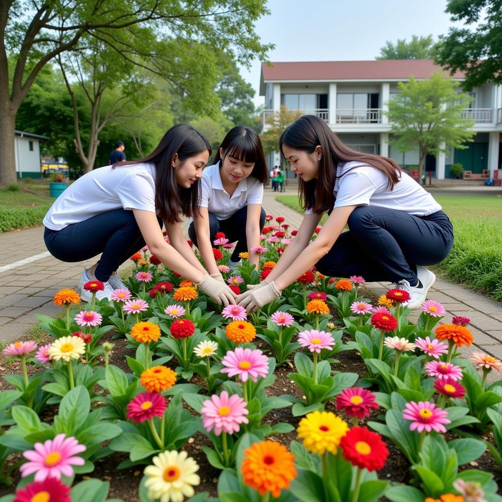 Học sinh trường THPT Gia Định đang chăm sóc bồn hoa, vun trồng tình yêu thiên nhiên và ý thức bảo vệ môi trường.