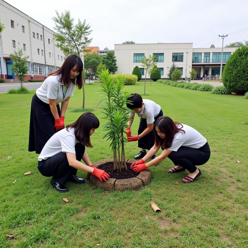 Học sinh THPT Gia Định đang trồng cây xanh trong khuôn viên trường.