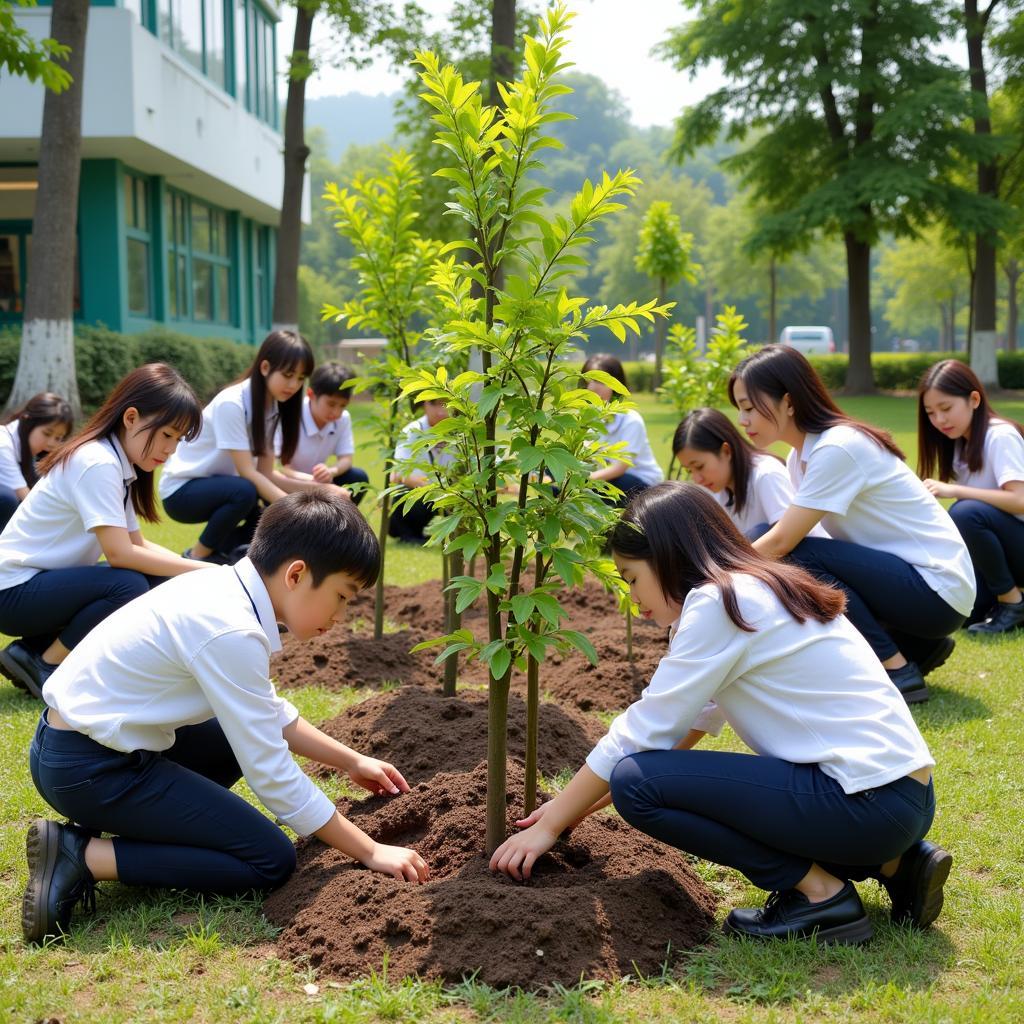 Học sinh THPT Gia Định trồng cây xanh trong khuôn viên trường