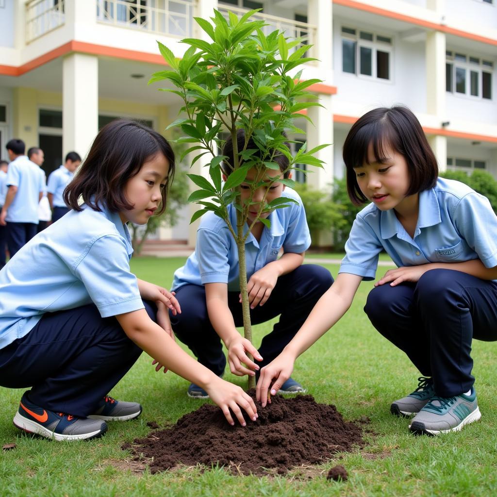 Học sinh trồng cây xanh trong khuôn viên trường