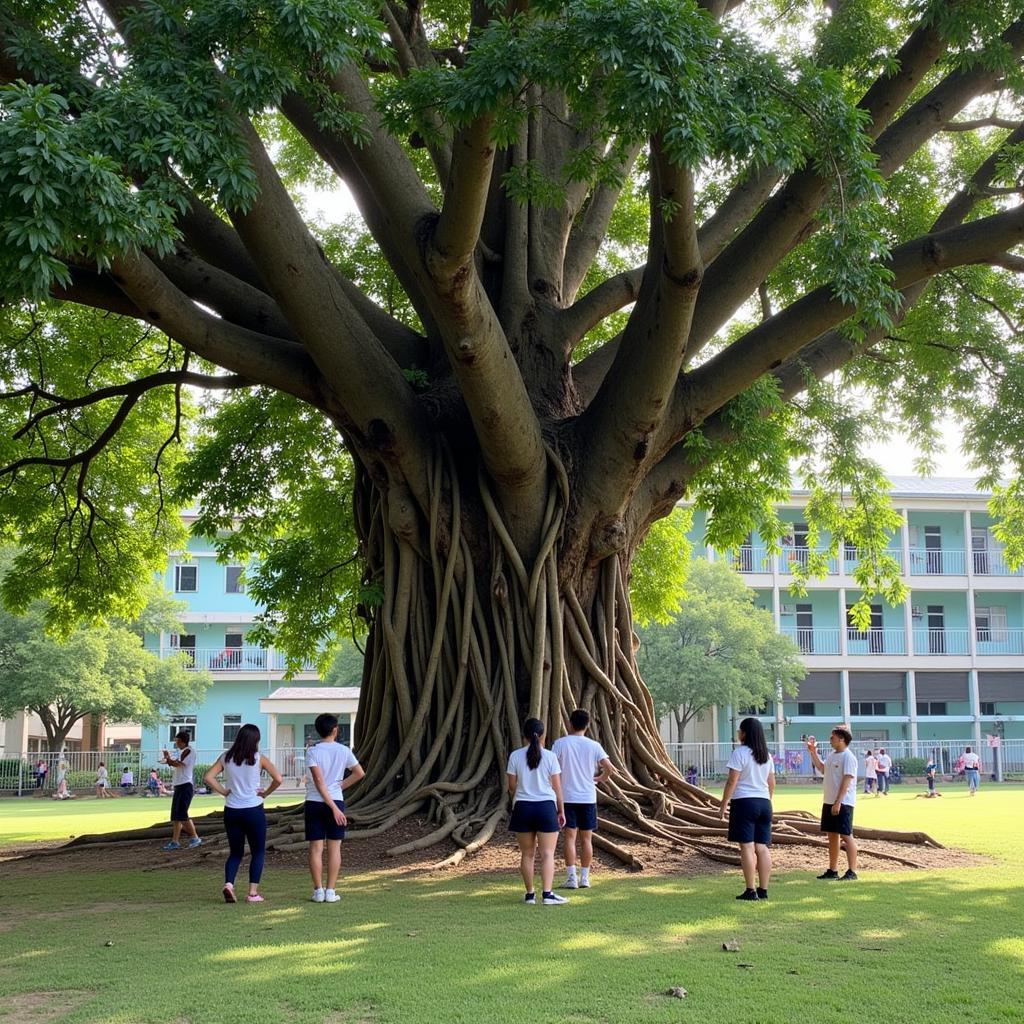 Học sinh THPT Gia Định vui chơi dưới bóng cây bàng, tạo nên một khung cảnh tươi vui, tràn đầy sức sống.