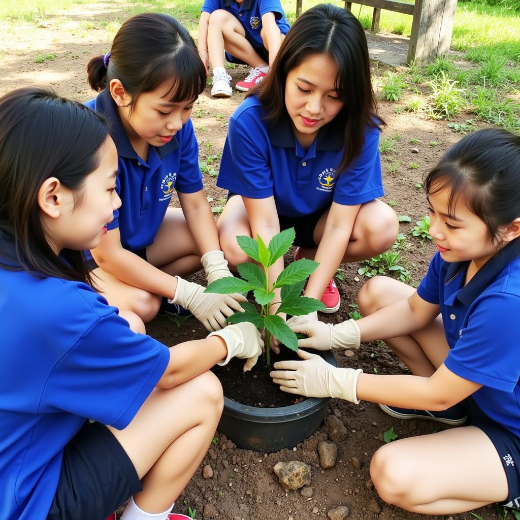 Học sinh trường tiểu học Trưng Nữ Vương tham gia hoạt động ngoại khóa trồng cây.